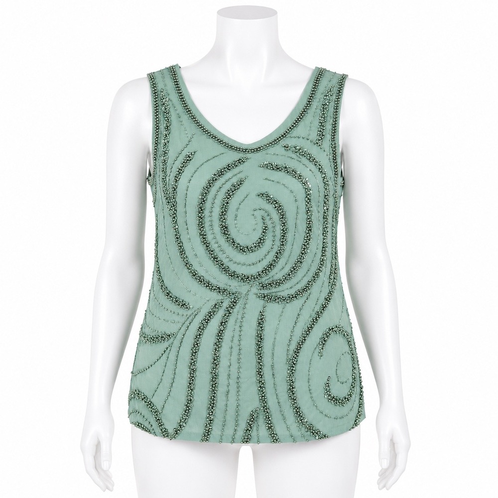 Beaded Sequin Sleeveless Top Women Large Mint Green Formal‎ Evening Tank Blouse